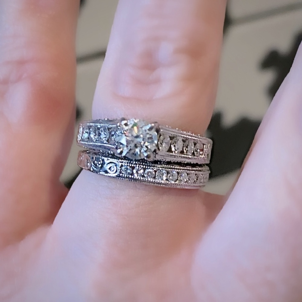 Filigree Diamond Wedding ring / Engagement Ring set / 14K white Gold